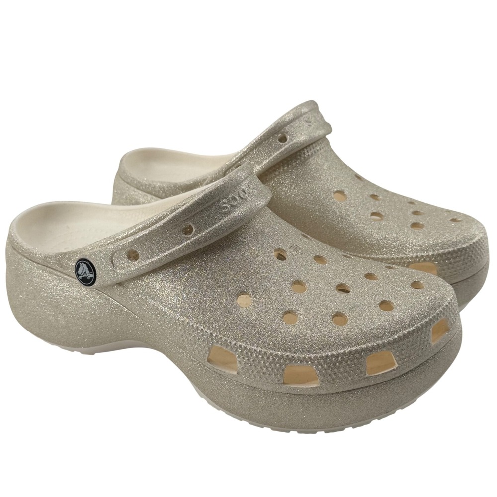 NEW Crocs W11 Classic Platform Glitter Clogs Shiitake Champagne Gold 207241-0WV